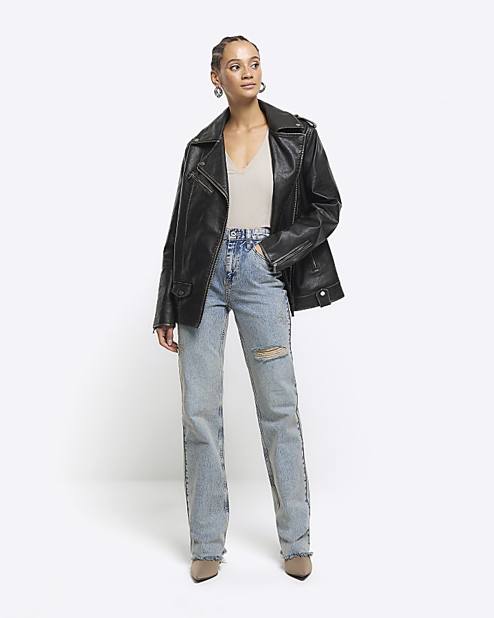 Blue stove pipe straight ripped jeans