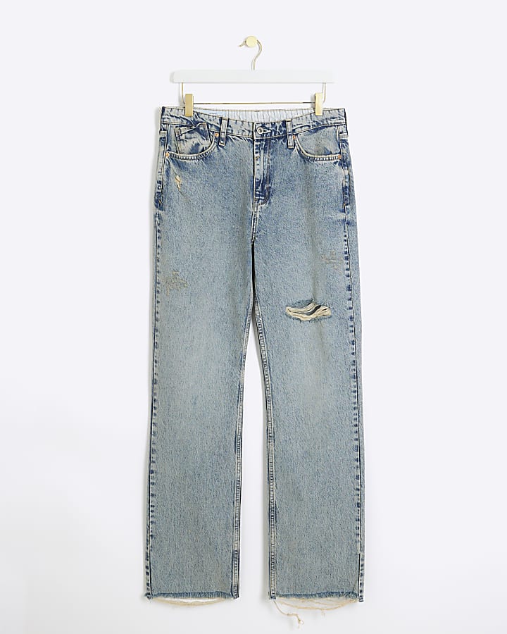Blue stove pipe straight ripped jeans