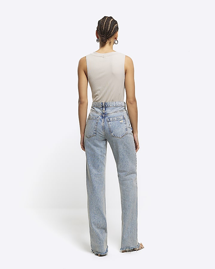 Blue stove pipe straight ripped jeans