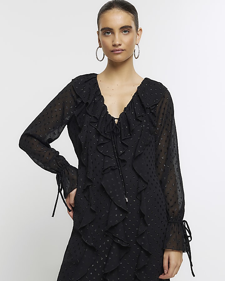 Black embellished frill swing mini dress