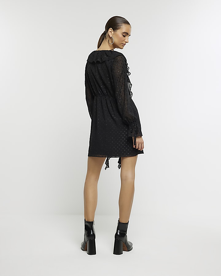 Black embellished frill swing mini dress