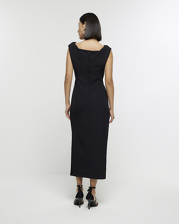 Black ruched bodycon midi dress