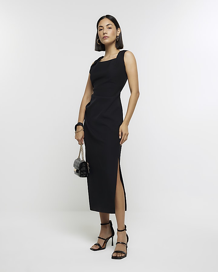 Black ruched bodycon midi dress