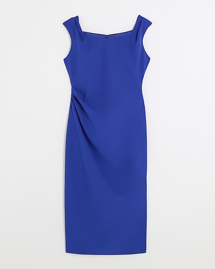 Blue ruched bodycon midi dress