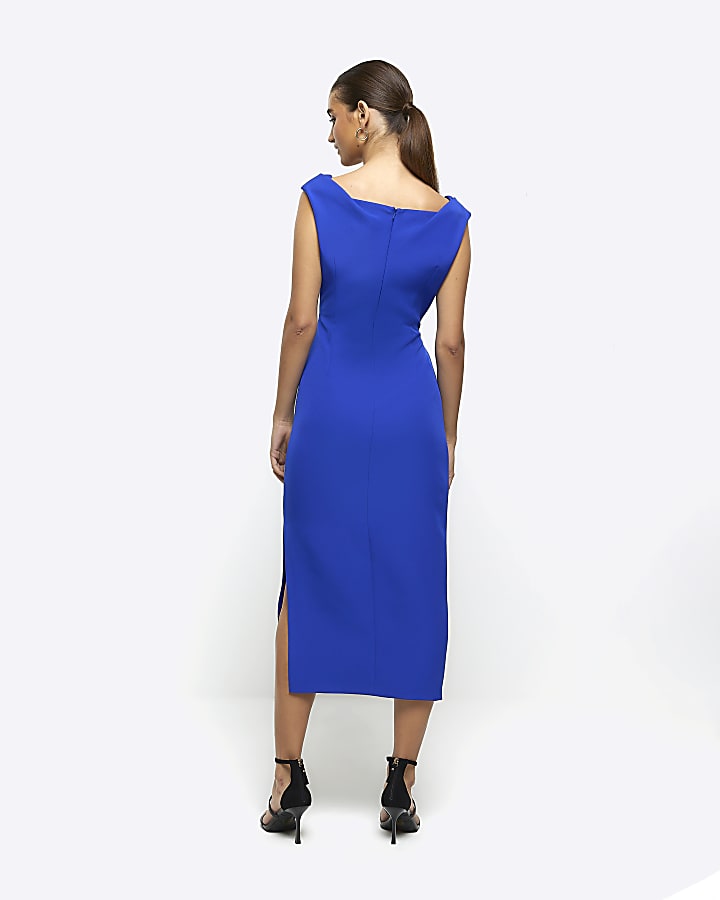 Blue ruched bodycon midi dress