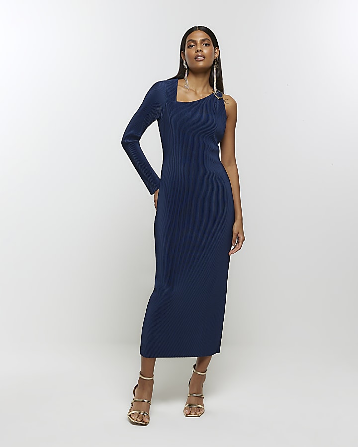 Blue plisse long sleeve bodycon midi dress