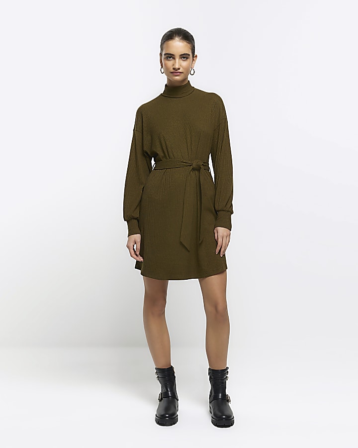 Green rib belted jumper mini dress