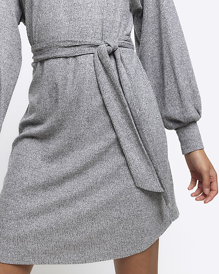 Grey rib belted jumper mini dress