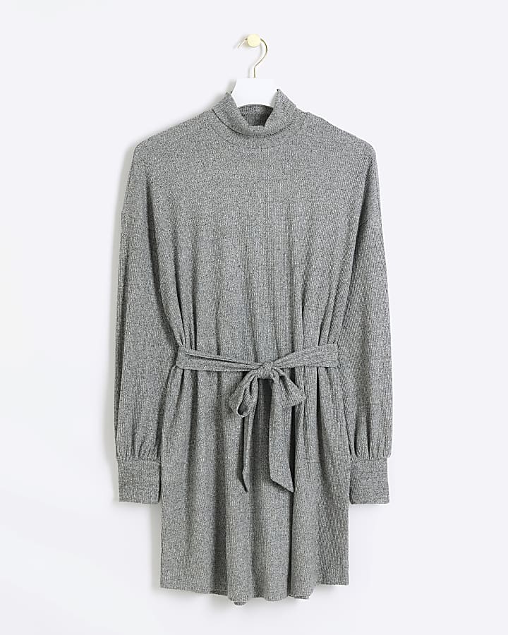 Grey rib belted jumper mini dress