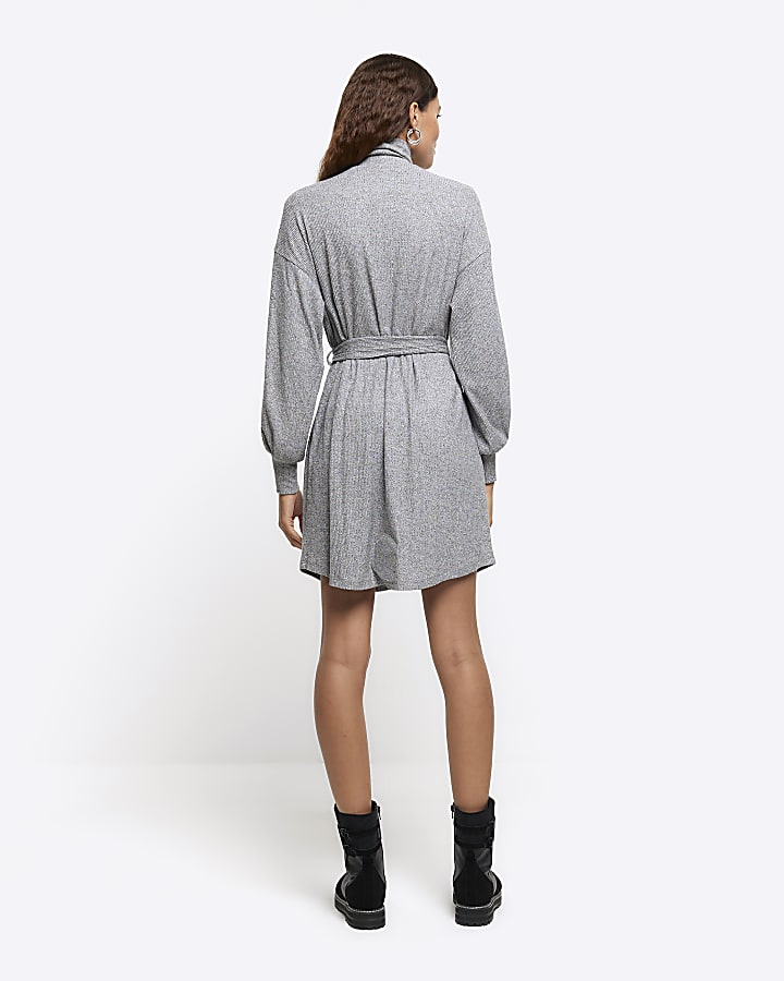 Grey rib belted jumper mini dress