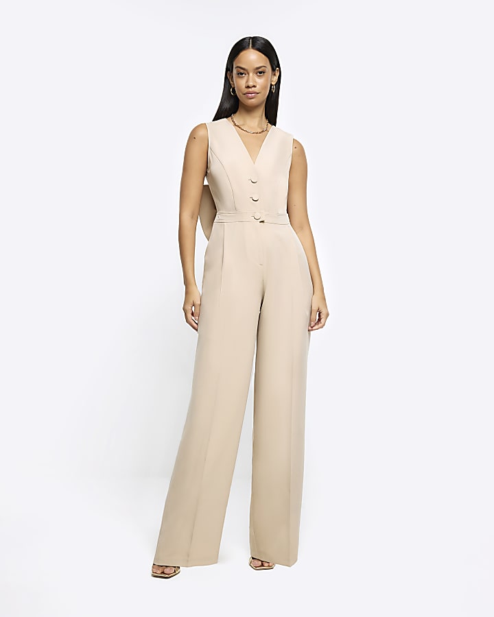 Beige bow blazer jumpsuit