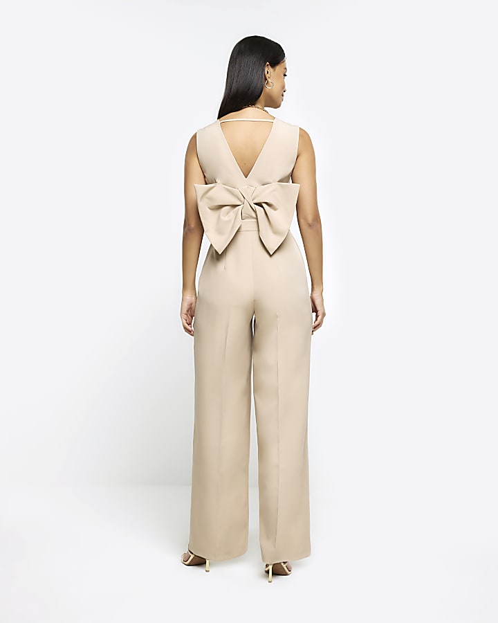 Beige bow blazer jumpsuit