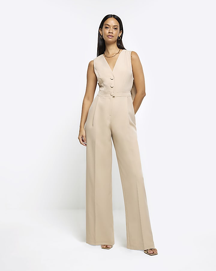 Beige bow blazer jumpsuit