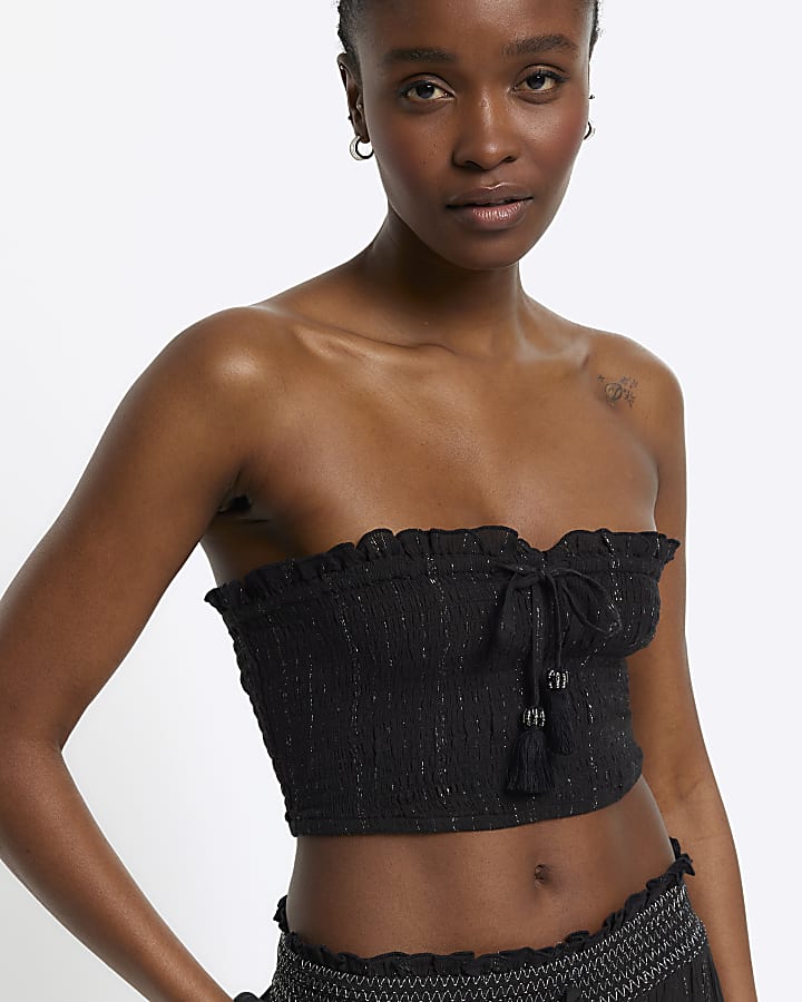 Black shirred metallic bandeau top