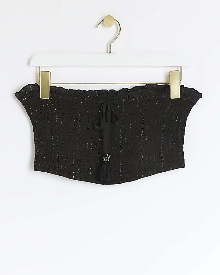 Black shirred metallic bandeau top