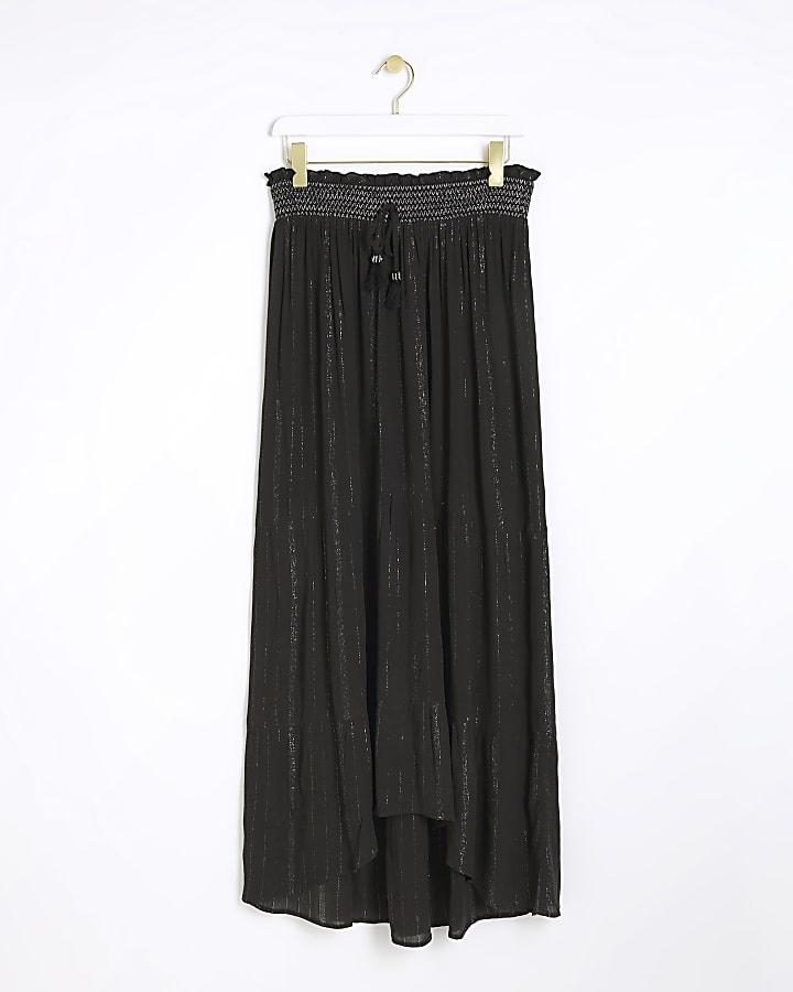 Black shirred metallic maxi skirt