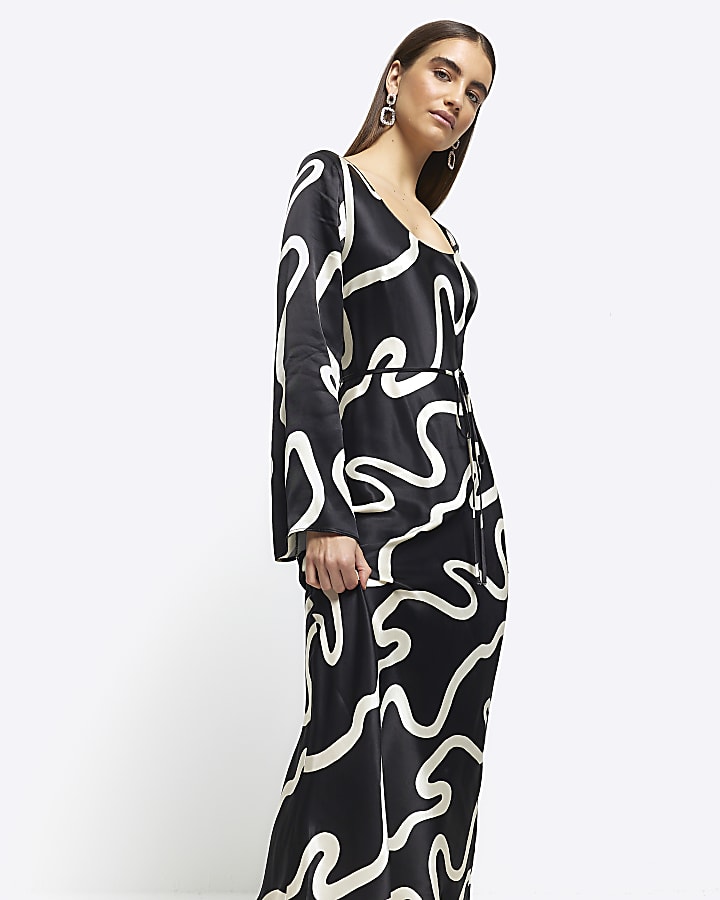 Black abstract belted slip midi dress