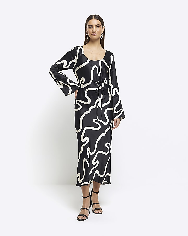 Black abstract belted slip midi dress