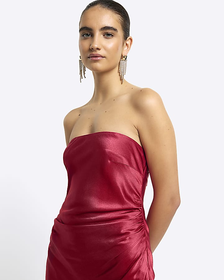 Red ruched bandeau slip midi dress