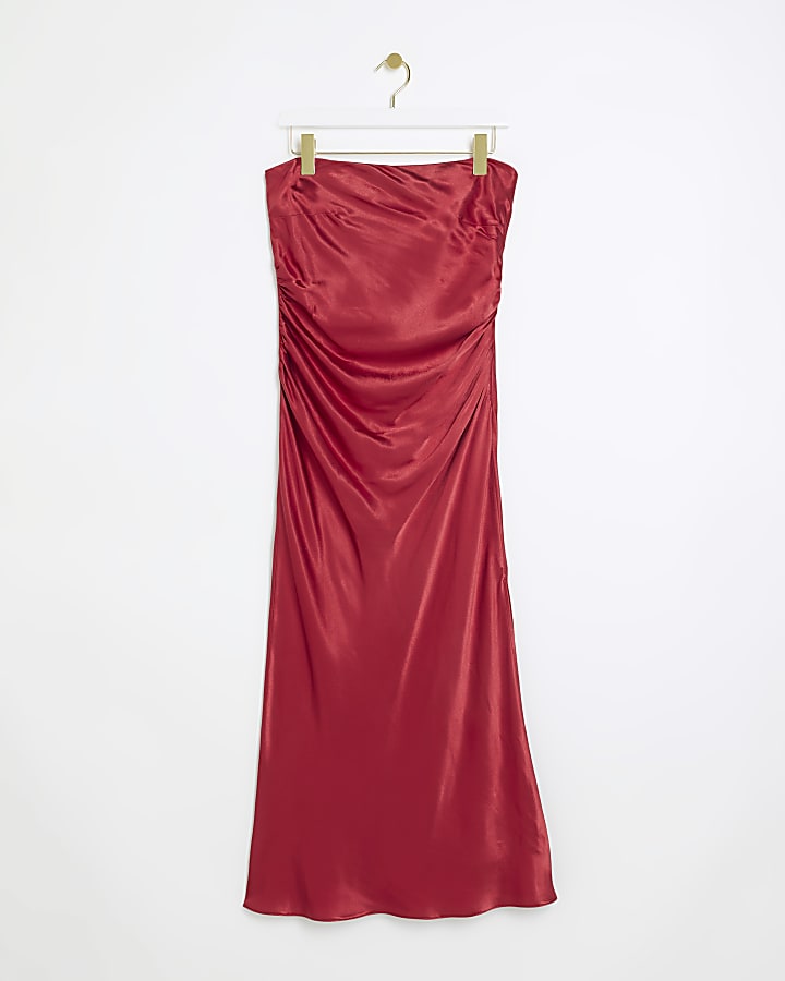 Red ruched bandeau slip midi dress