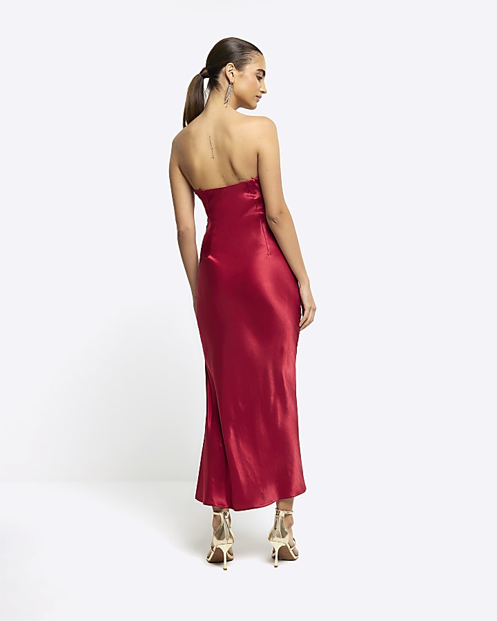 Red ruched bandeau slip midi dress