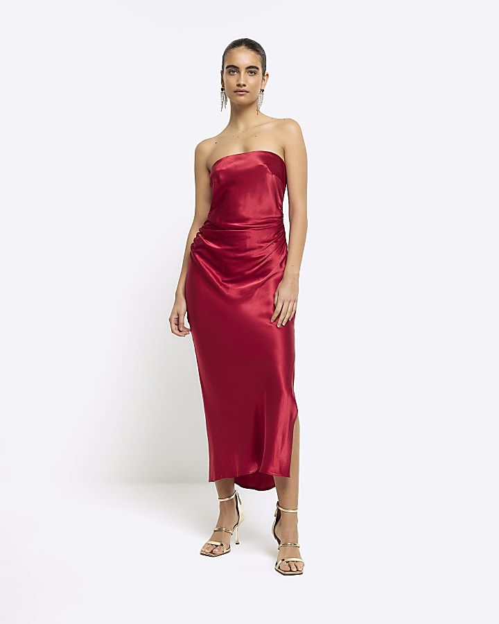 Red ruched bandeau slip midi dress