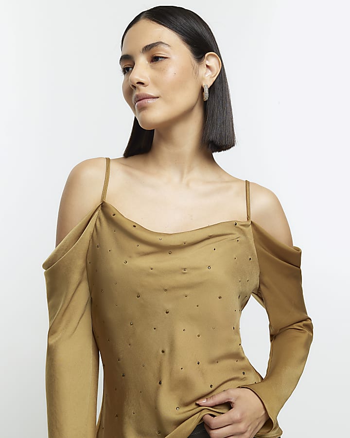 Khaki diamante cold shoulder top