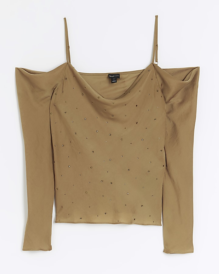 Khaki diamante cold shoulder top