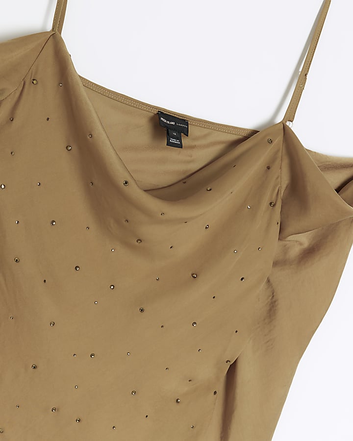 Khaki diamante cold shoulder top