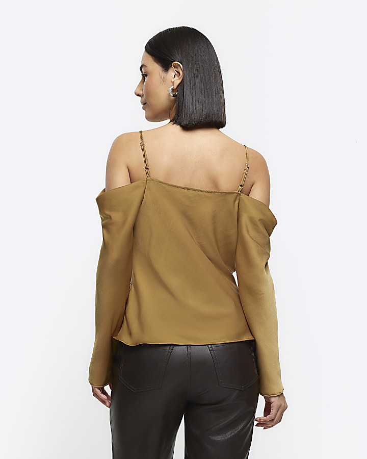 Khaki diamante cold shoulder top