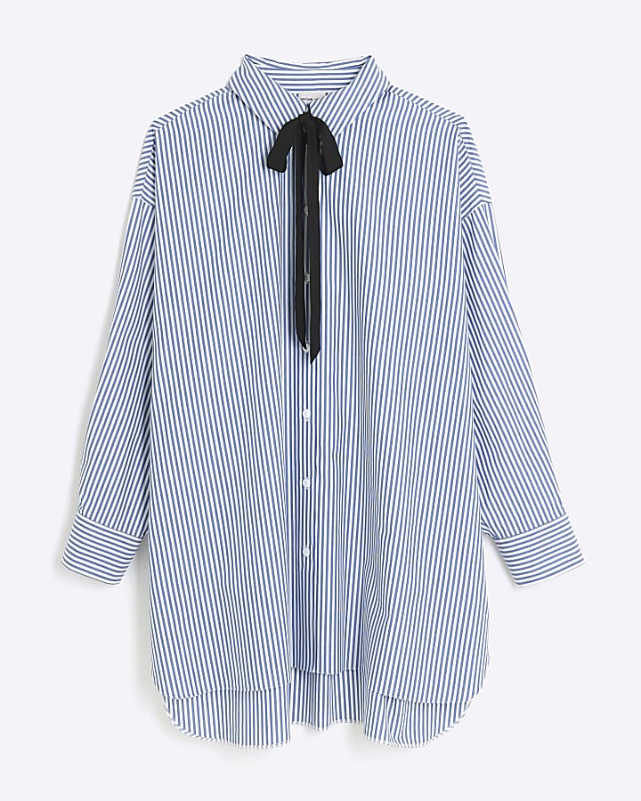 Blue stripe tie neck oversized shirt