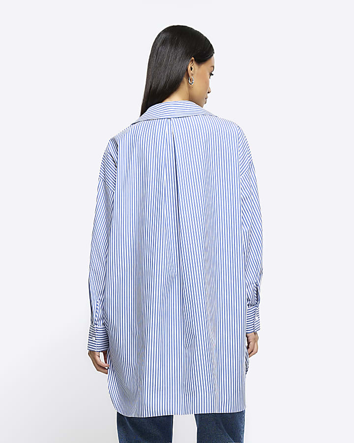 Blue stripe tie neck oversized shirt