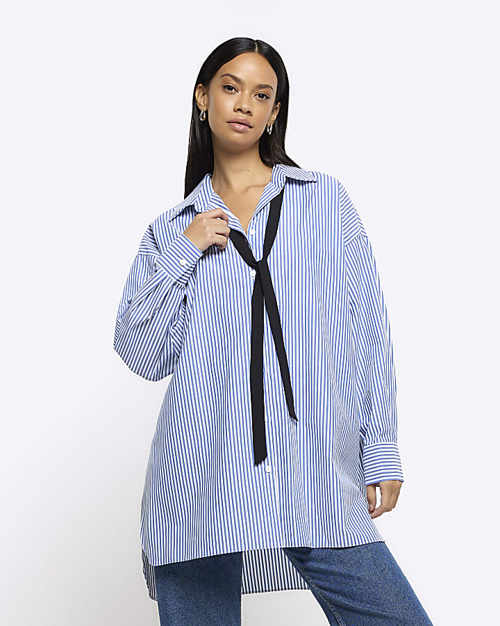 Blue stripe tie neck oversized shirt