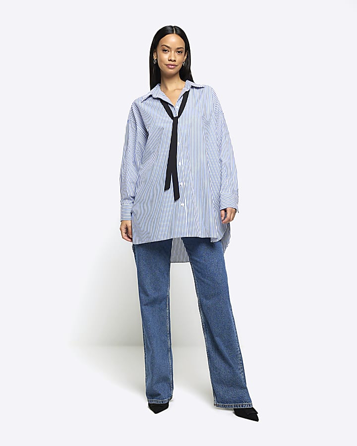 Blue stripe tie neck oversized shirt