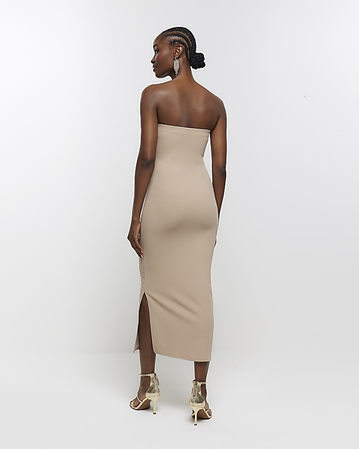 Beige diamante bandeau midi dress