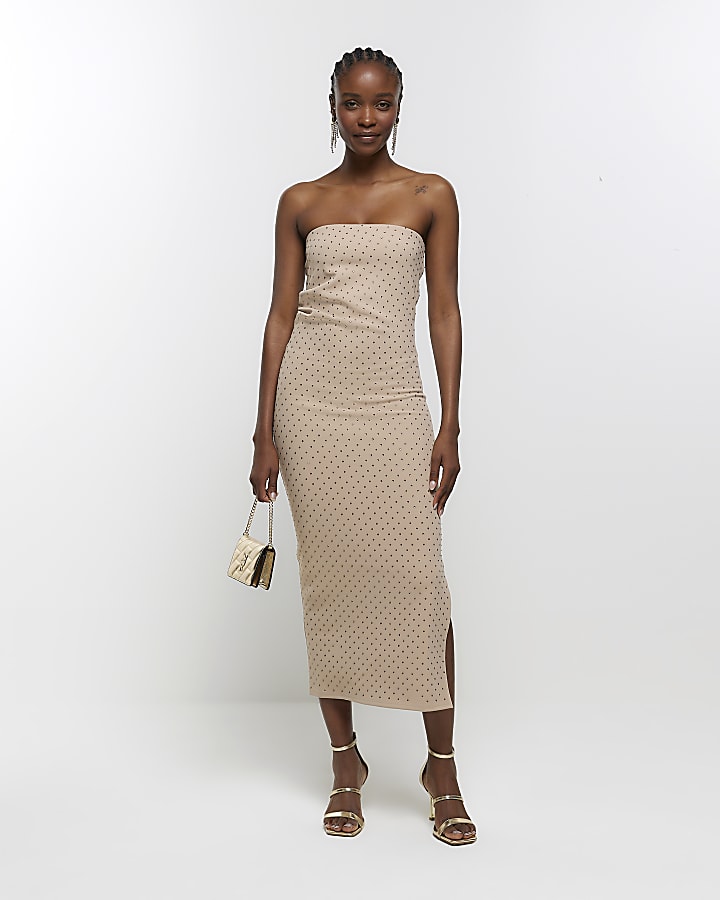 Beige diamante bandeau midi dress