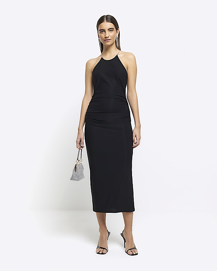 Black chain back slip midi dress River Island