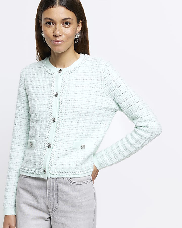 Green boucle knit cardigan