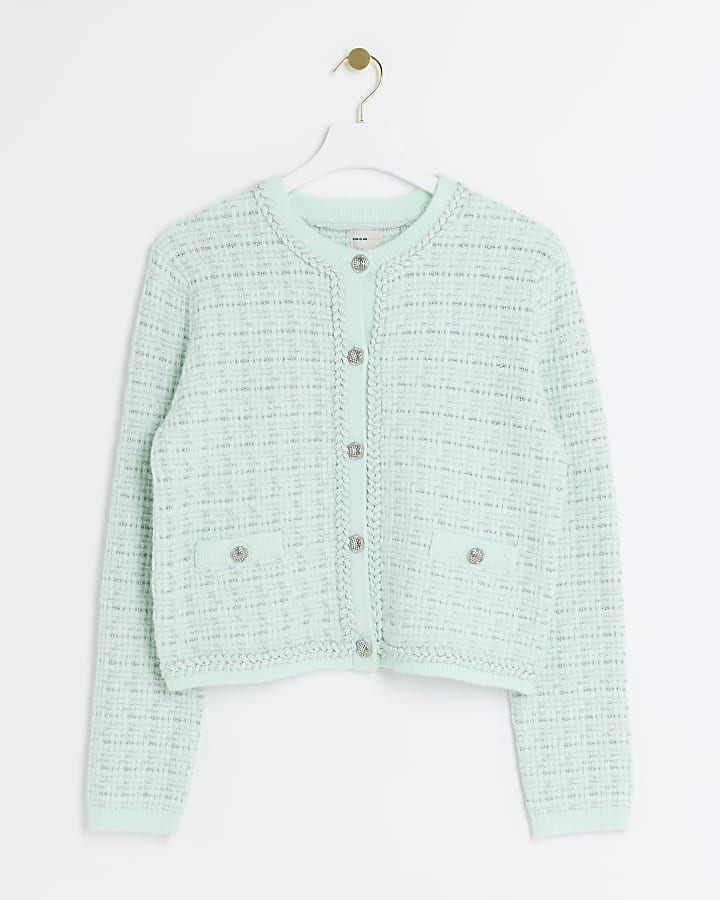 Green boucle knit cardigan