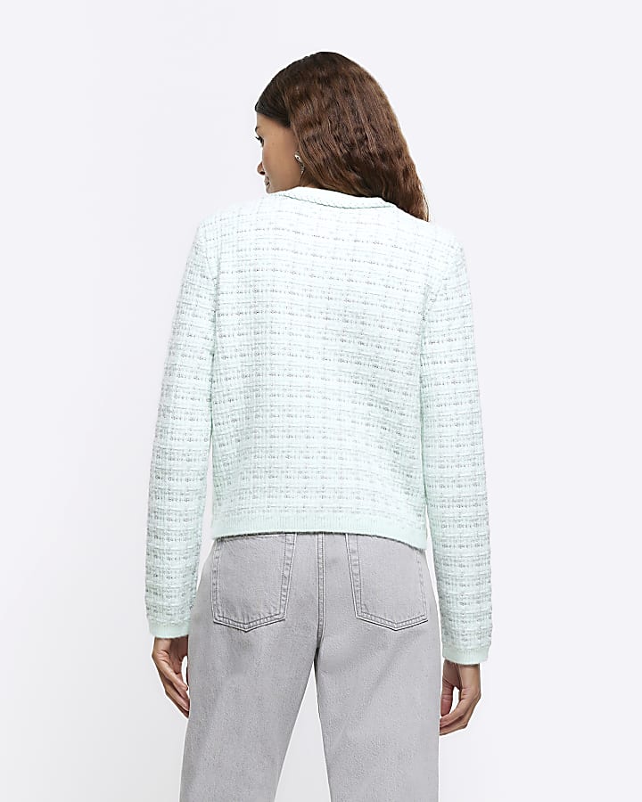Green boucle knit cardigan