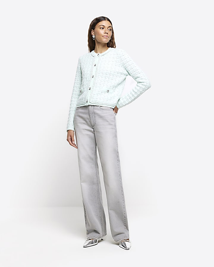 Green boucle knit cardigan