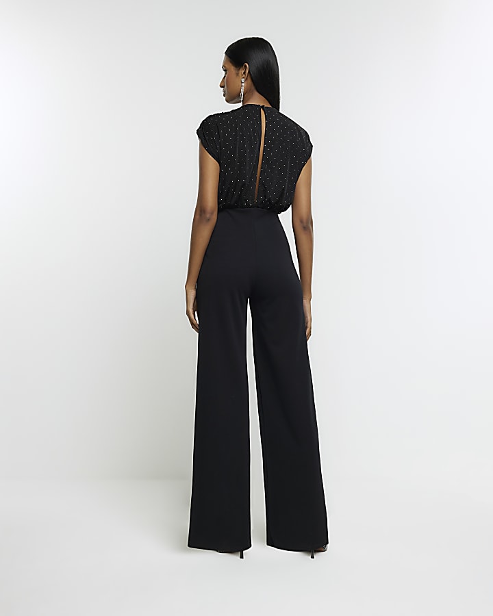 Black diamante wide leg jumpsuit