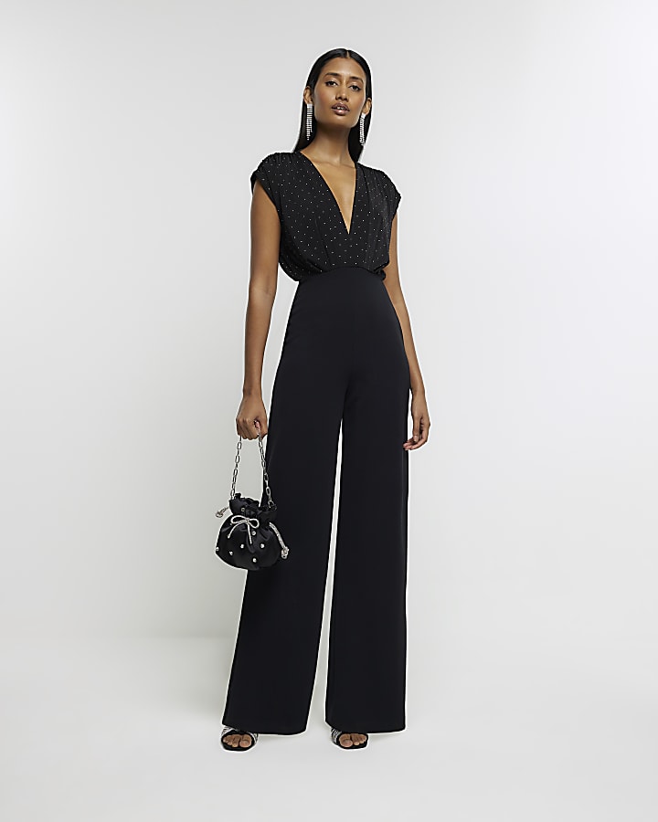 Black diamante wide leg jumpsuit River Island