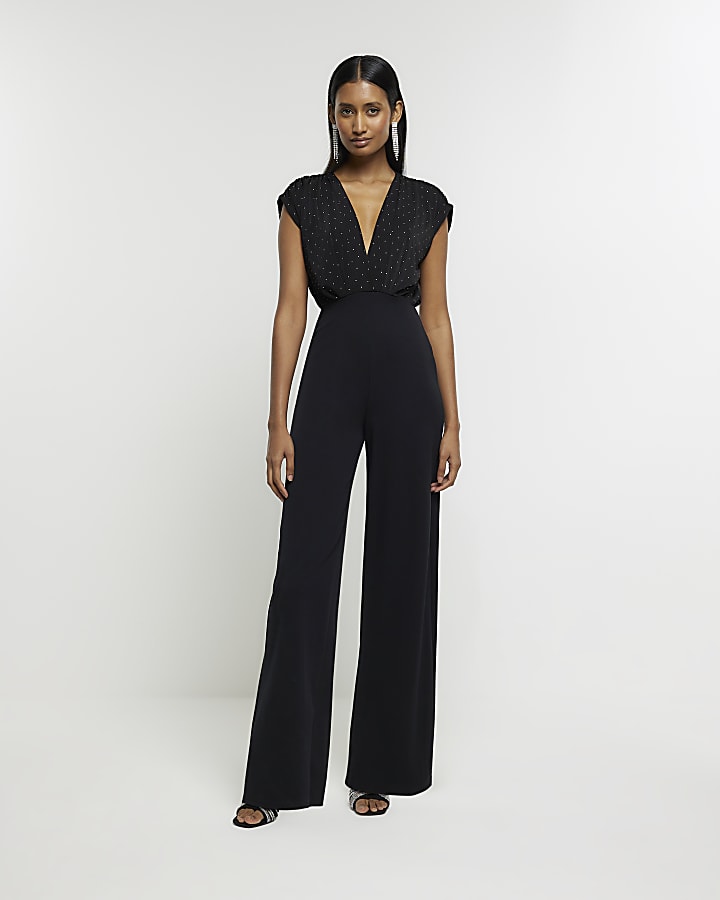 Black diamante wide leg jumpsuit