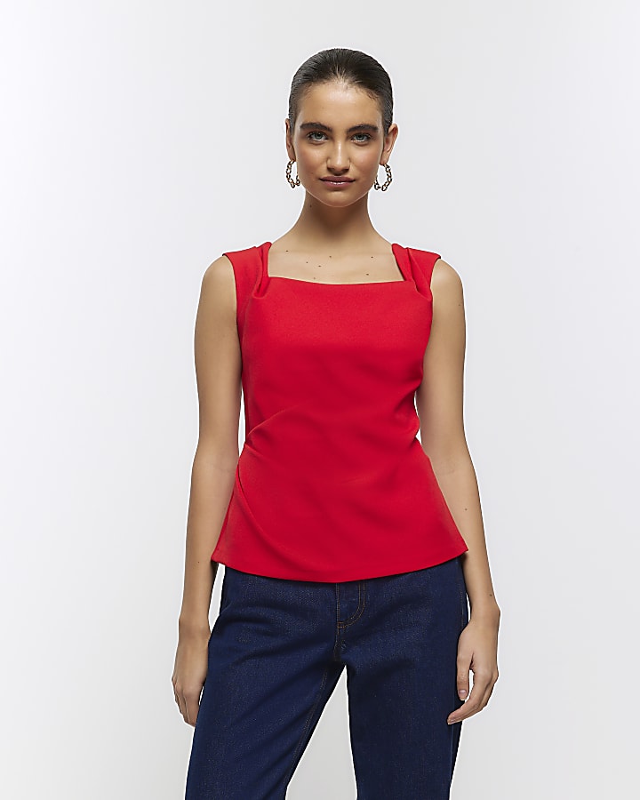 Red square neck vest top