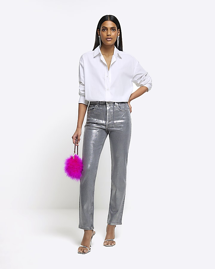 Silver slim straight coated jeans