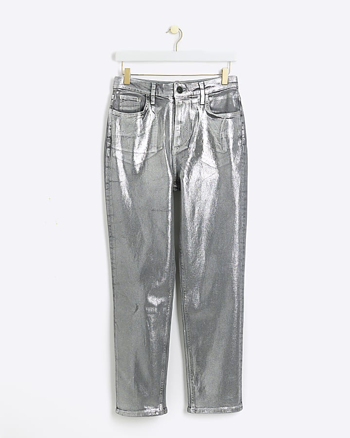 Silver slim straight coated jeans
