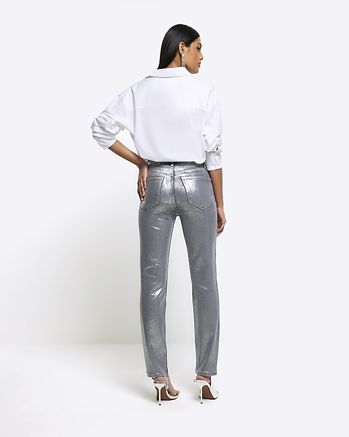 Silver slim straight coated jeans