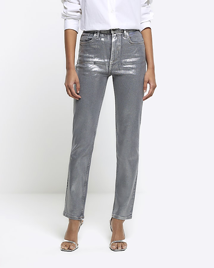 Silver slim straight coated jeans