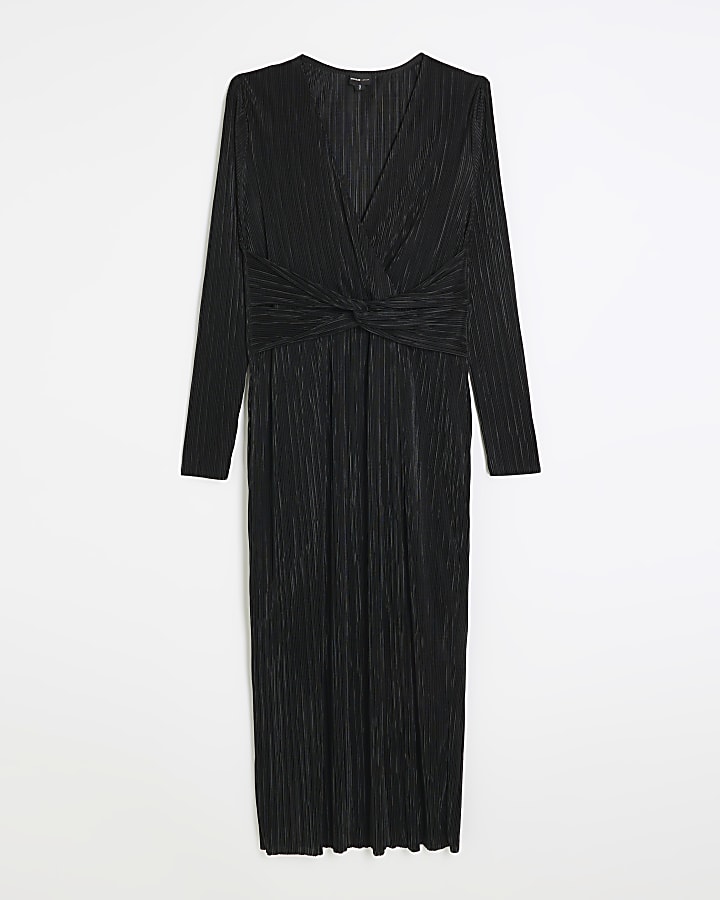 Black plisse plunge bodycon midi dress